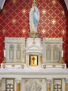 This is the Blessed Virgin Mary side altar on the right side of the sanctuary of the Chapel of Divine Mercy.