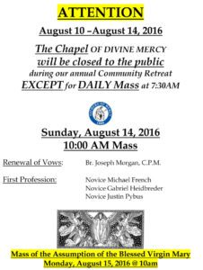 Chapel of Divine Mercy CLOSED due to Retreat