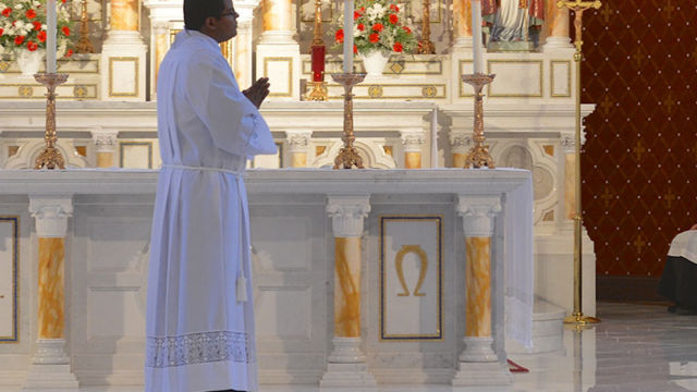After the proclamation of the Gospel, the candidate is formally called forward and presented to the bishop for ordination. Here the Very Reverend David Wilton presents Br. Victor to Bishop Medley: "Most Reverend Father, Holy Mother Church asks you to ordain this man, our brother, to the responsibility of the Diaconate."